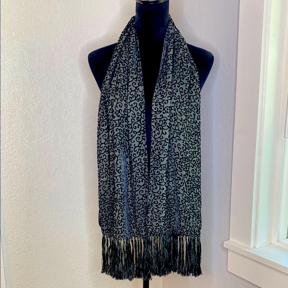 Vintage Cejon Accessories Silk Blend Sheer & Paisley Velvet Fringe Scarf